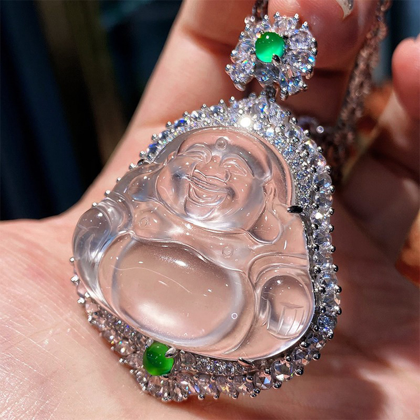 VISING天然水沫玉缅甸石英岩玉佛公吊坠项链媲美翡翠S925银镀金