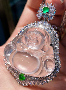 VISING天然水沫玉缅甸石英岩玉佛公吊坠项链媲美翡翠S925银