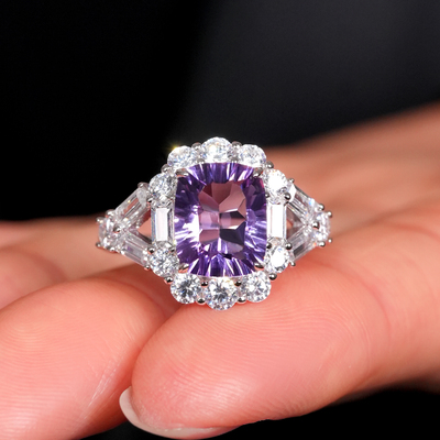 VISING珠宝天然乌拉圭紫水晶千禧切3克拉冰糖戒指爆闪S925银镀金
