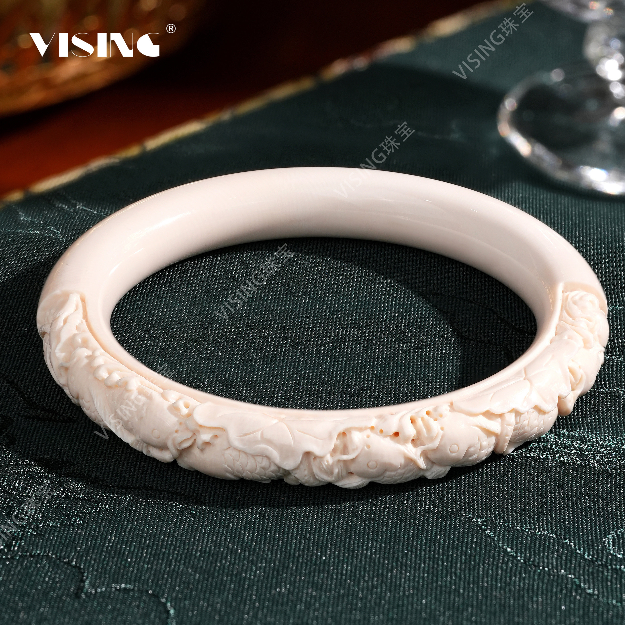 VISING天然猛犸象牙连年有余圆条手镯牙雕艺术品手饰新中式