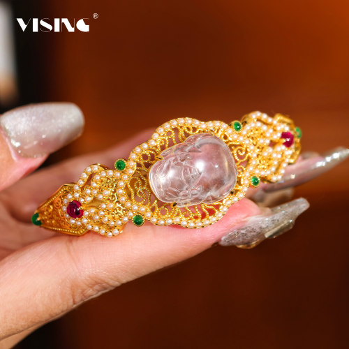 VISING珠宝培育红宝石古法水沫貔貅手镯贵妃金色镯子S925银