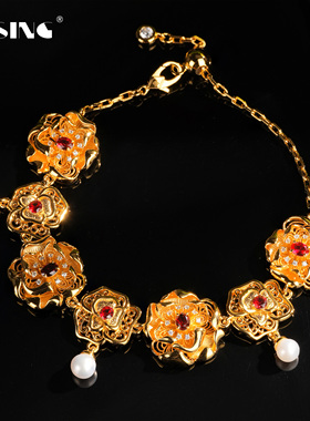 VISING培育红宝石【国检证书】鸽血红黄金色花朵珍珠手链手串S925