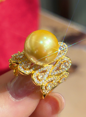 VISING珠宝【盛世】金色贝珠仿珍珠戒指S925银12mm金珠重工霸气款