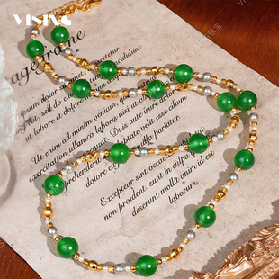 VISING马料绿玉髓玛瑙项链国风百搭链毛衣链新中式 媲美翡翠