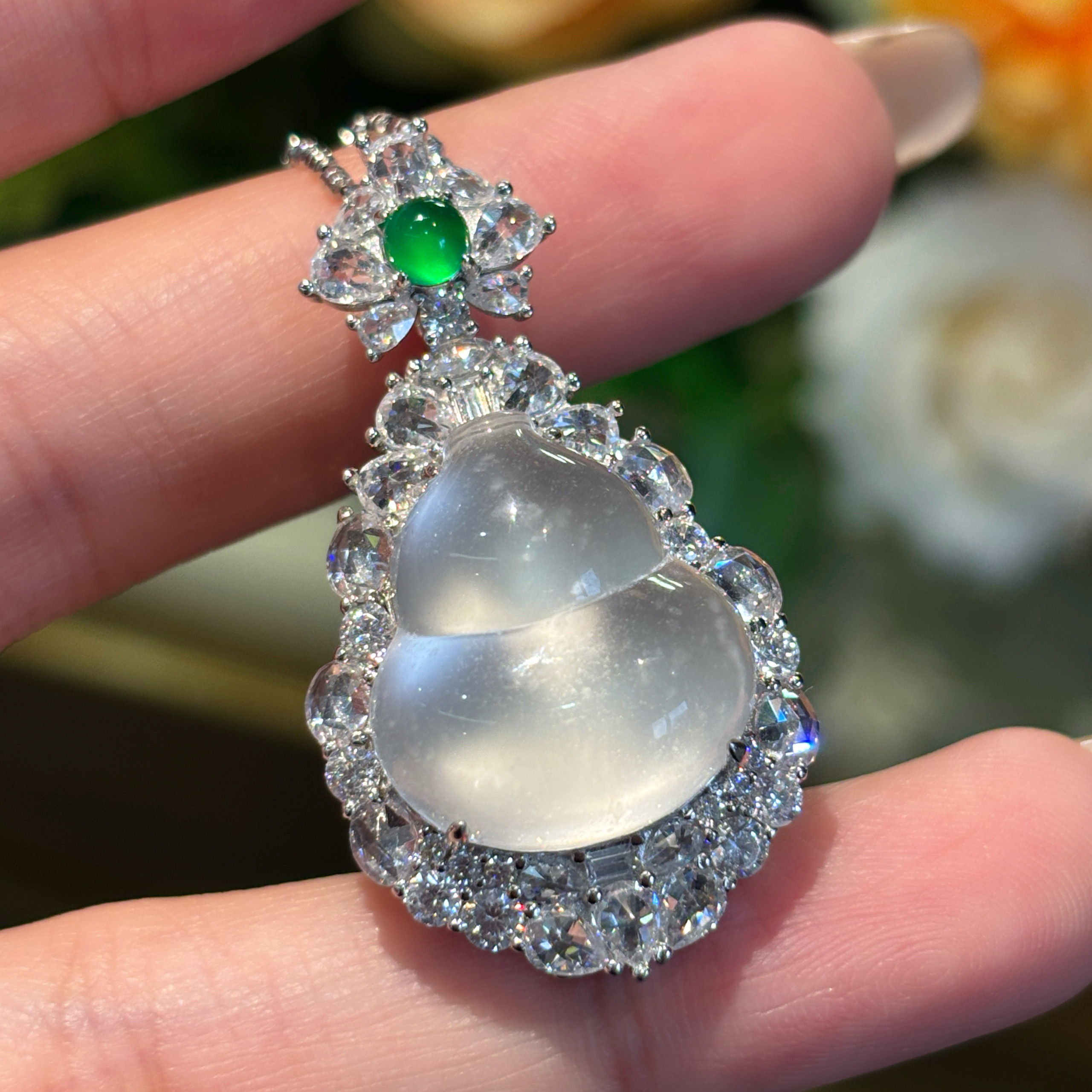 VISING珠宝天然石英质玉水沫子水沫玉白冰葫芦吊坠拆卸后盖两戴款