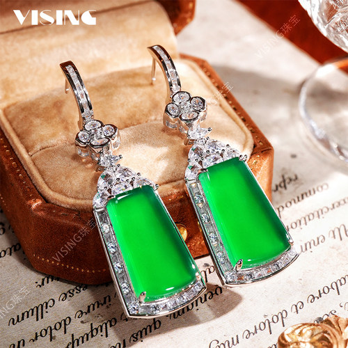 VISING马料绿玉髓玛瑙无事牌耳坠耳饰国风新中式媲美翡翠