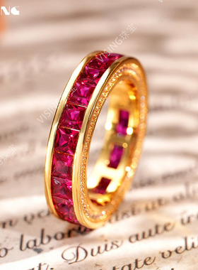 VISING珠宝培育合成红宝石鸿运戒指手工无缝拼钻金色戒指