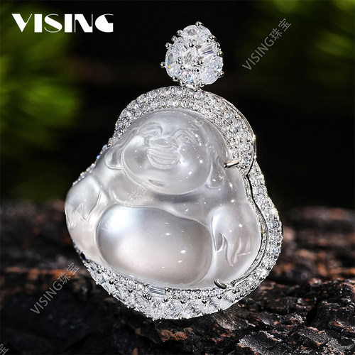 VISING珠宝天然石英质玉水沫玉舒佛佛公吊坠项链新中式S925银镀金