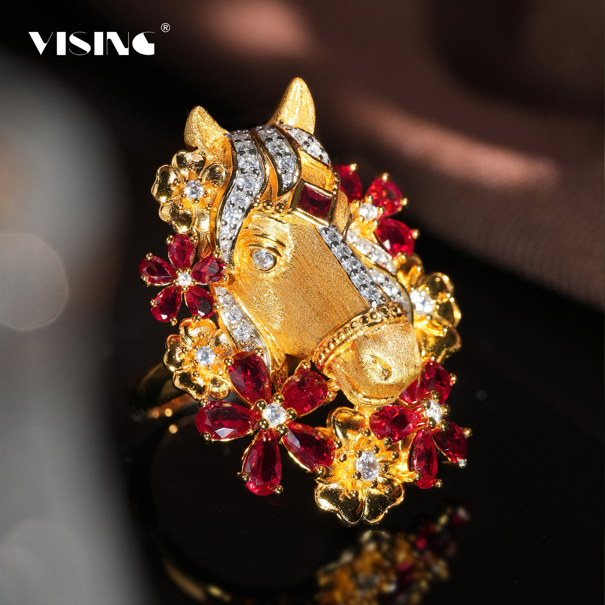 VISING珠宝培育红宝石【赤焰追风】黄金色马戒指马年礼物S925