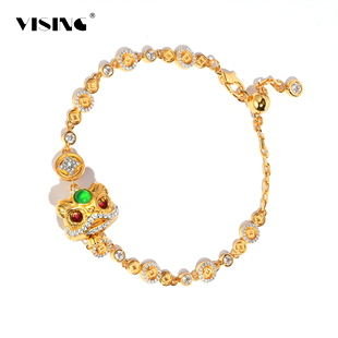 VISING珠宝培育红宝石【国检】原创醒狮手链手串金盘缠黄金色S925