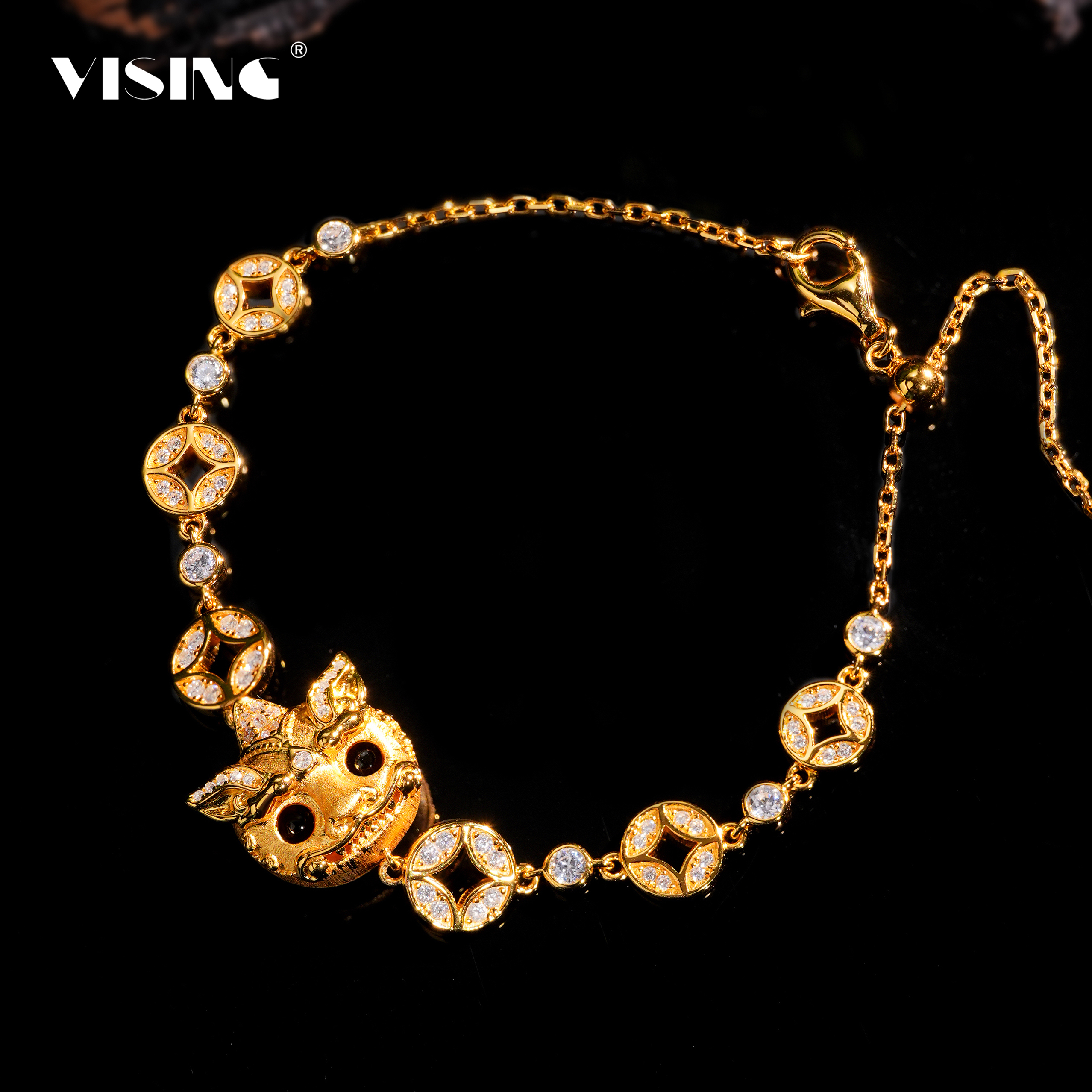 VISINGS925黄金色眨眼貔貅拉丝工艺手链手串盘缠