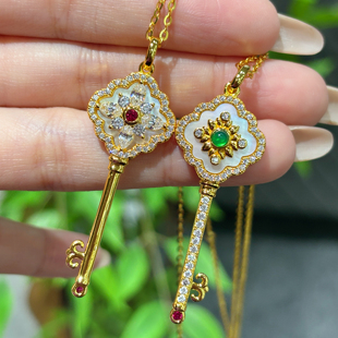 VISING珠宝S925培育红宝石两戴款 小钥匙吊坠项链锁骨毛衣链