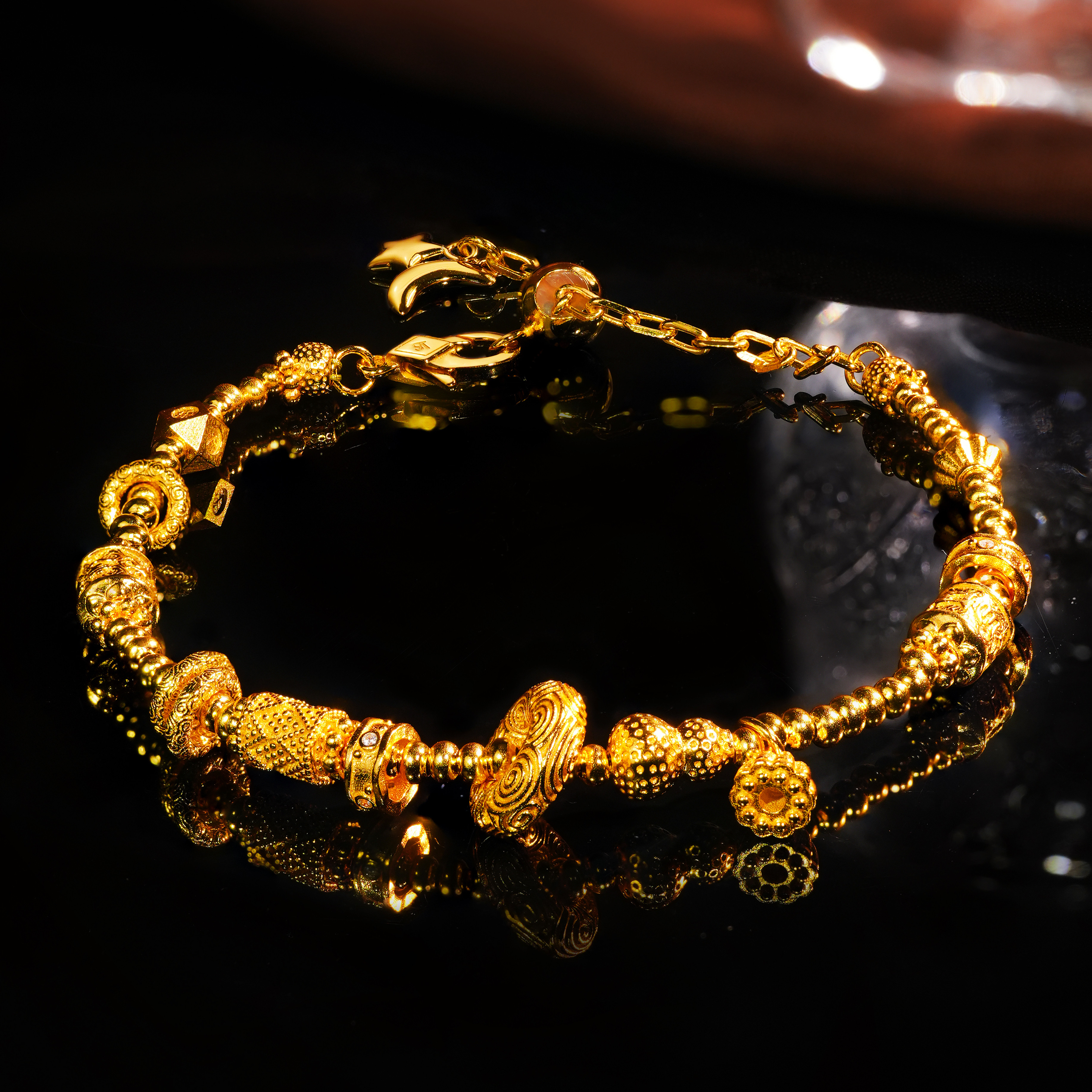 VISING珠宝古法S925银星月金盘缠手链手饰