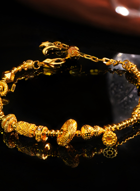 VISING珠宝古法S925银星月金盘缠手链手饰