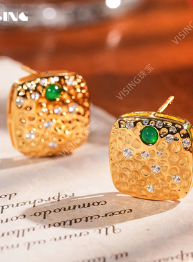 VISING马料绿玉髓S925方耳坠耳钉国风新中式媲美翡翠