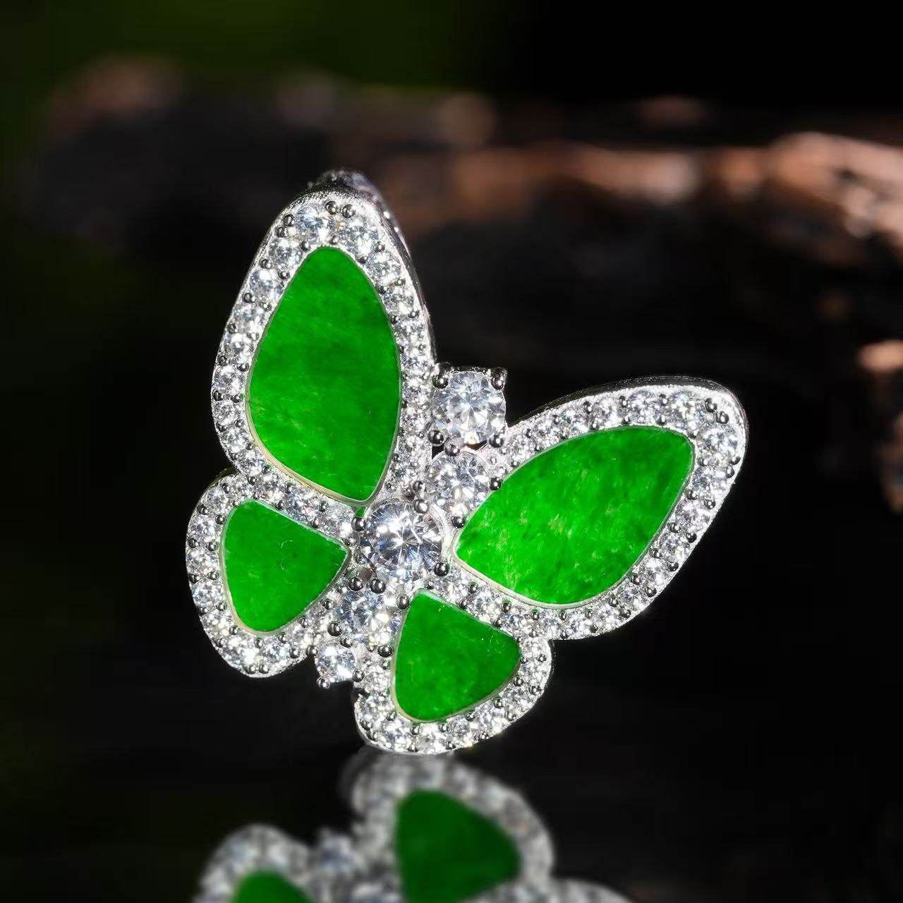 VISING珠宝天然A货缅甸翡翠蝴蝶吊坠项链满绿阳绿色S925