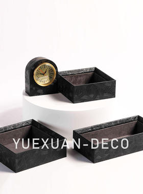 粤萱简约现代木真皮储物盒摆件样板间售楼处酒店会客厅软装摆设
