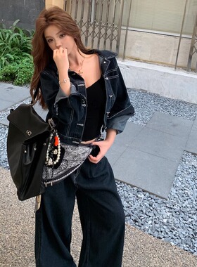 秋季两件套复古牛仔翻领韩系一整套高级感时尚休闲阔腿裤短外套女