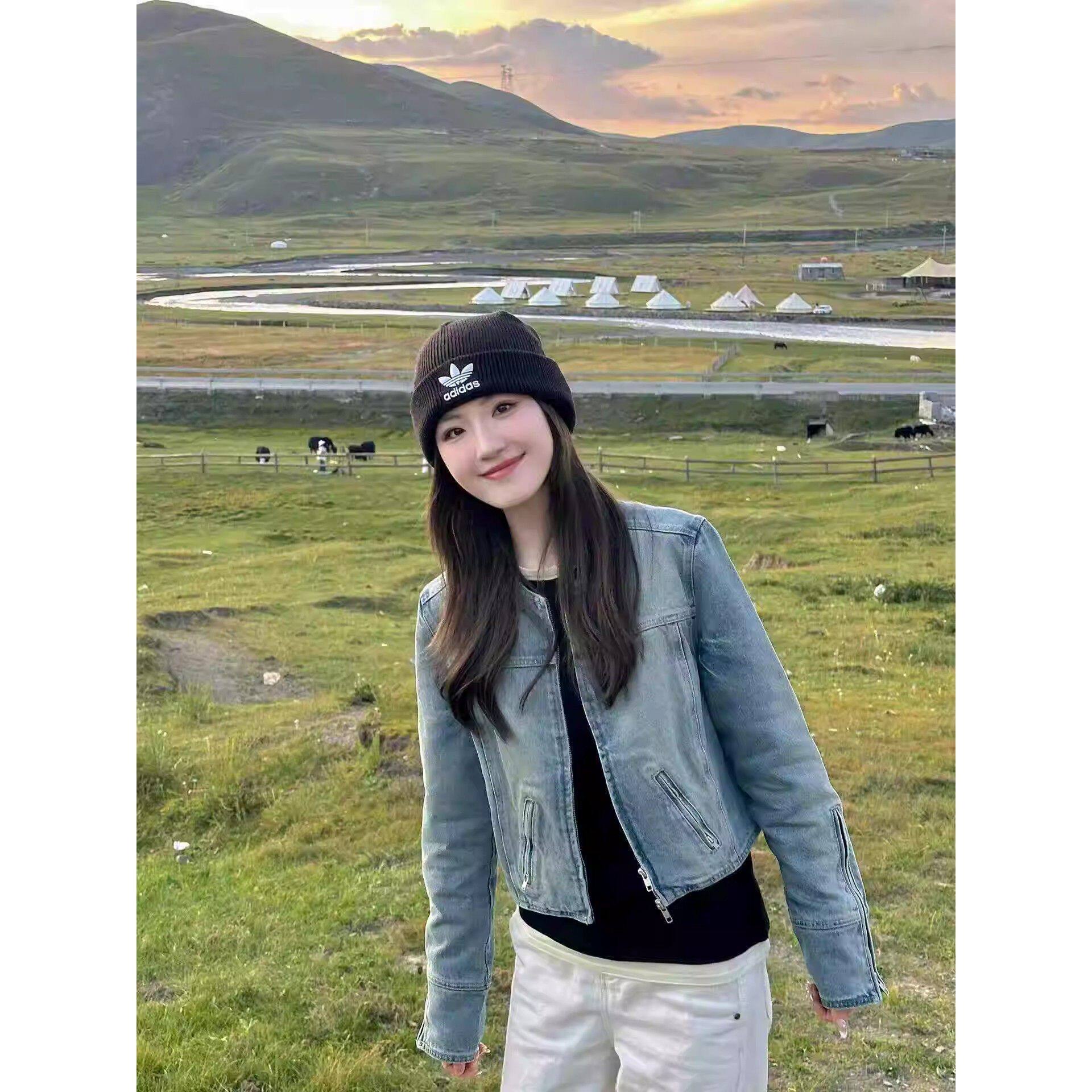 美式复古做旧水洗蓝色牛仔外套女图片