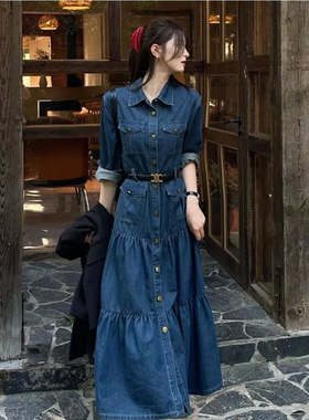 美式街头复古polo领气质牛仔连衣裙女秋季新款高级感洋气收腰长裙