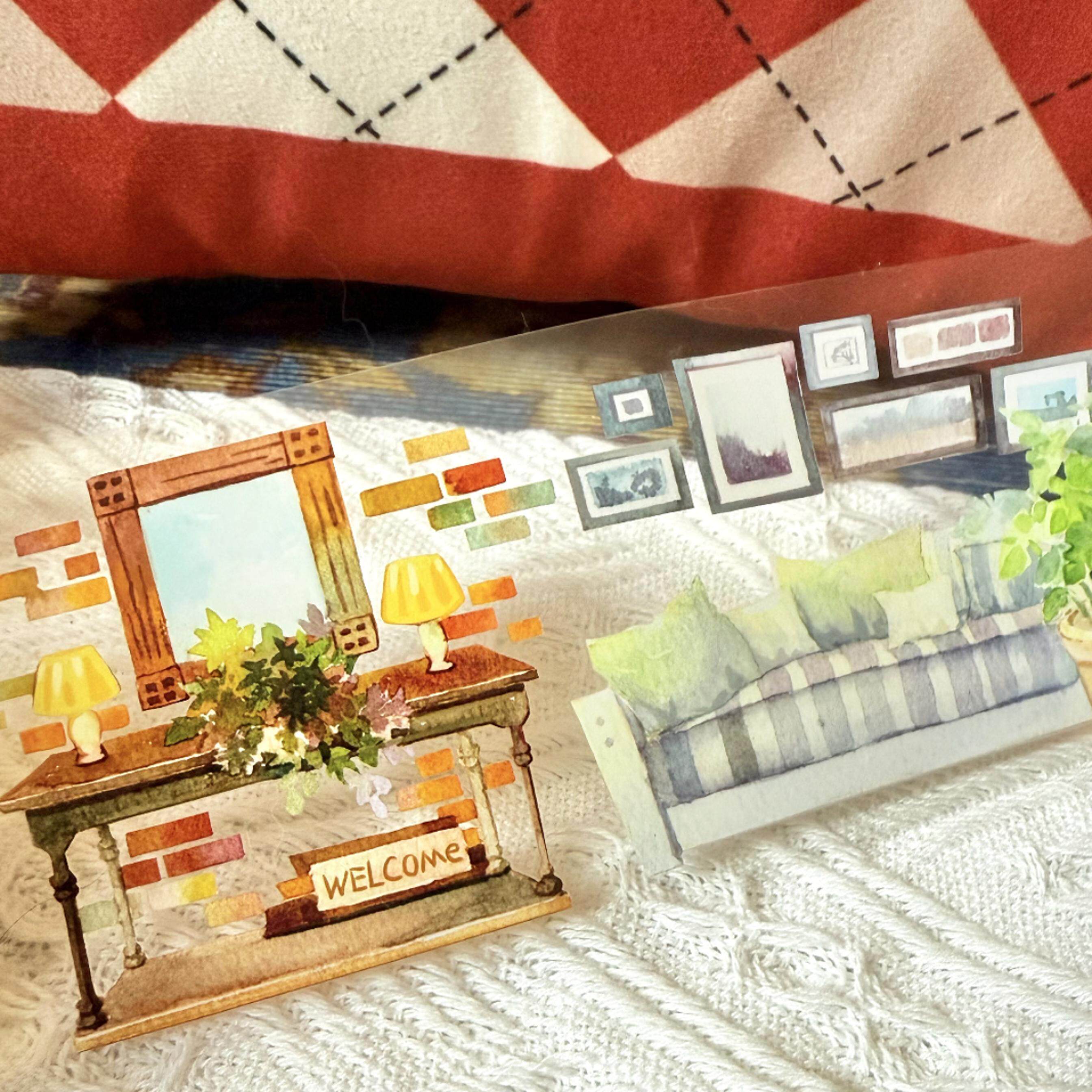 室内造景台产和纸陆产pet白墨拼贴水彩素材手账胶带上午九点半