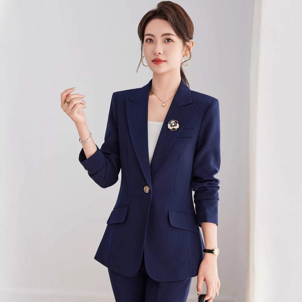 卡其色长袖小西装领外套女裤子春秋冬季职业两件套装高端气质修身