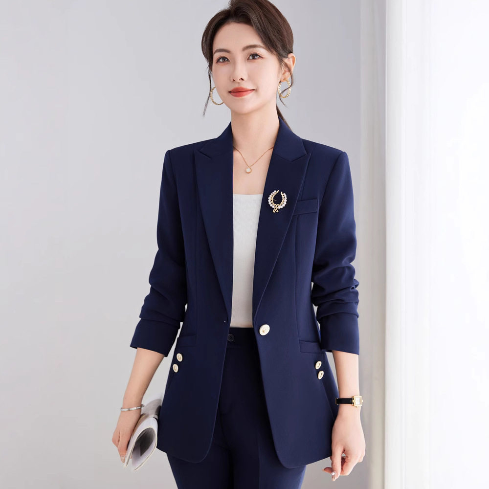 深蓝色长袖小西装领外套女裤子职业两件套装春秋冬季新款优雅时尚