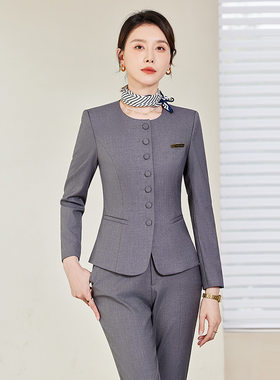 灰色酒店前台接待工作服秋冬西服职业套装女美容师珠宝店金店工装