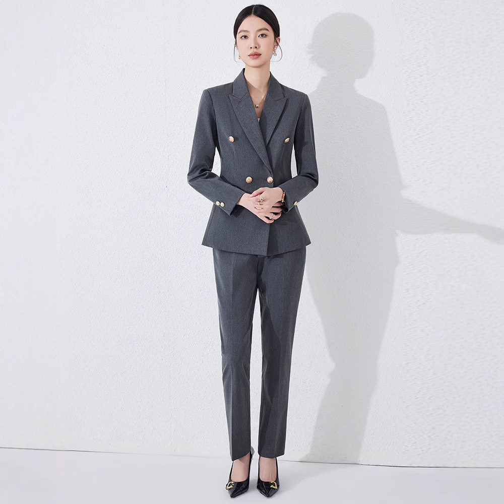 灰色长袖小西装领外套女裤子裙子春秋冬季2025年新款三件套装通勤