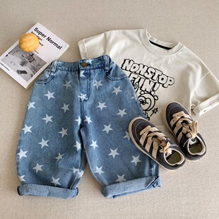 儿童春款牛仔裤男童满印休闲裤2026新款女宝宝洋气五角星印直筒裤