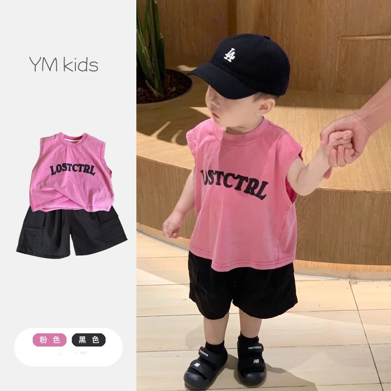 儿童韩版宽松坎肩T恤上衣男童背心工装短裤五分裤套装2男宝宝夏装