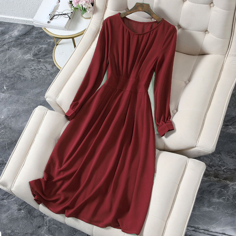 2024年春装新款大码女装连衣裙酒红色显瘦胖mm法式中长款裙子