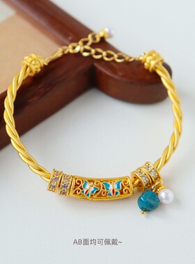 Y家原创中式复古彩色珐琅滴油蝴蝶麻花手镯高级精致百搭手饰女