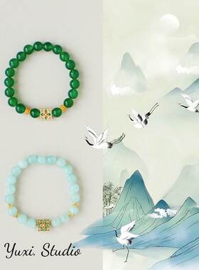 Y家原创中式复古彩色珐琅四叶草玛瑙手链夏季清新可叠戴国风手串