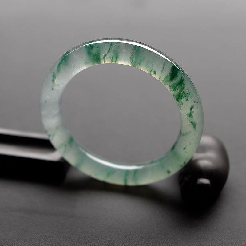 谭谈翡翠缅甸天然a货高端翡翠冰种玻璃种阳绿飘花圆条手镯玉镯子