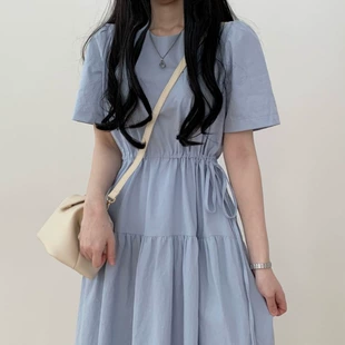 圆领短袖 韩国chic夏季 纯色抽绳绑带收腰显瘦中长款 连衣裙高腰长裙
