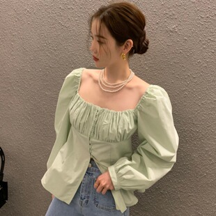 韩国chic早秋法式 上衣女 衬衫 小众设计感褶皱拼接小排扣方领泡泡袖