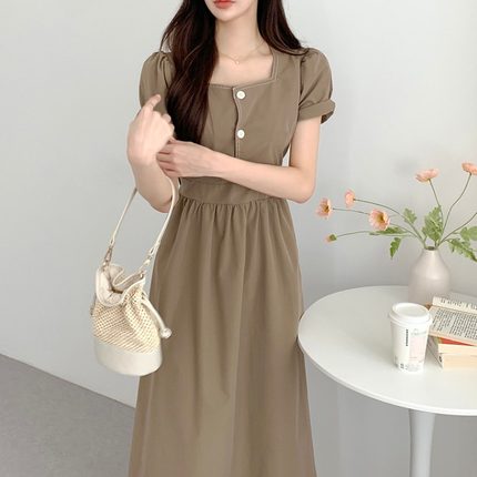 韩国chic夏季法式复古明线设计三粒扣方领收腰显瘦短袖长款连衣裙