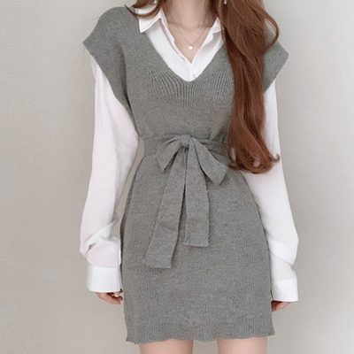 韩国针织毛衣V领系带收腰