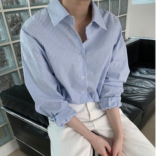 款 韩国chic春季 经典 蓝色条纹衬衫 法式 女显瘦百搭宽松休闲衬衣外套