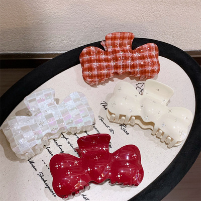韩系高品质甜美闪钻格纹蝴蝶结醋酸抓夹精致气质后脑勺盘发鲨鱼夹