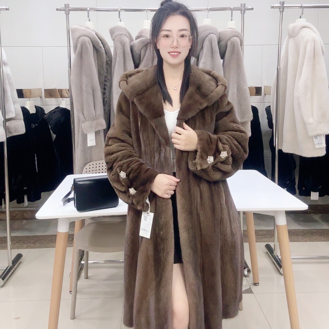 23进口貂皮大衣女新款百搭披肩帽版外套裘皮大衣时尚新休闲天鹅绒
