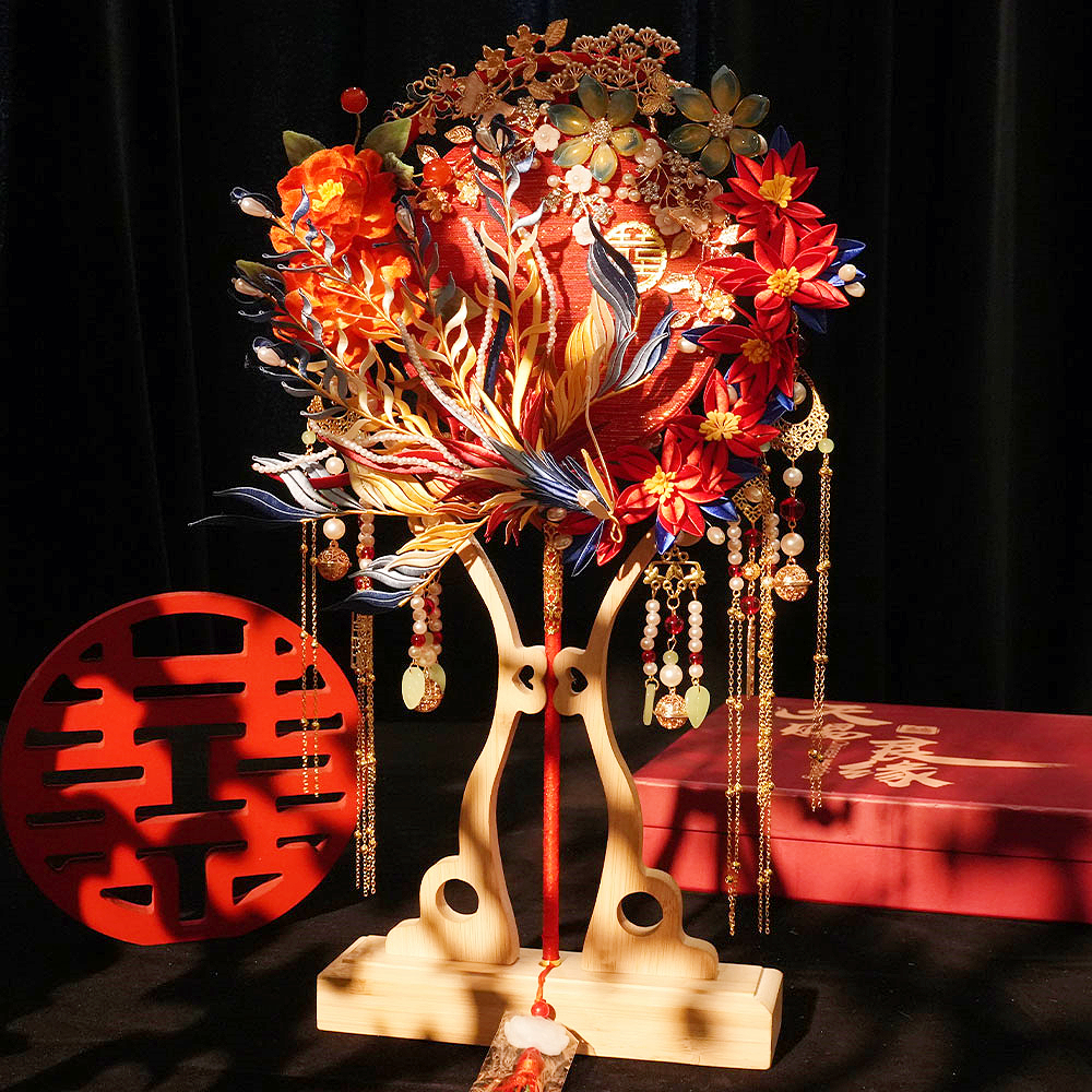 非遗缠花出嫁秀禾婚礼团扇结婚手工喜扇双面重工新娘材料包成品