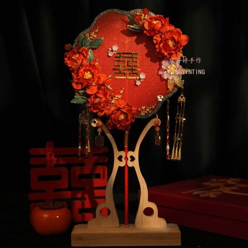 婚庆新娘结婚团扇秀禾服中式高级成品婚礼红色diy材料包遮面喜扇