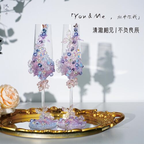 半晴  创意蝴蝶碎砖敬酒杯手工diy材料包结婚订婚高脚杯一对礼物