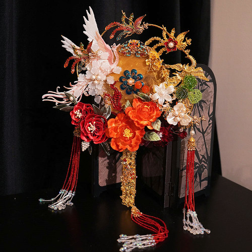 凤吟婷 新娘结婚秀禾服团扇新中式非遗缠花遮面花朵金色成品团扇