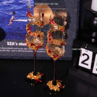 高脚杯红色蝴蝶结金色碎钻敬酒香槟杯新郎新娘结婚diy材料包送礼