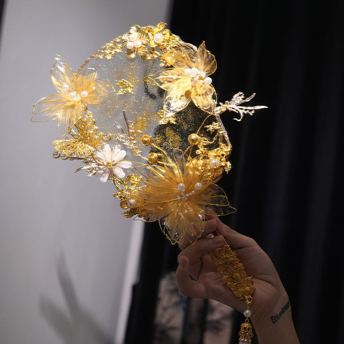 团扇结婚新娘diy材料包古风中式出嫁手捧秀禾扇双面金色喜扇成品