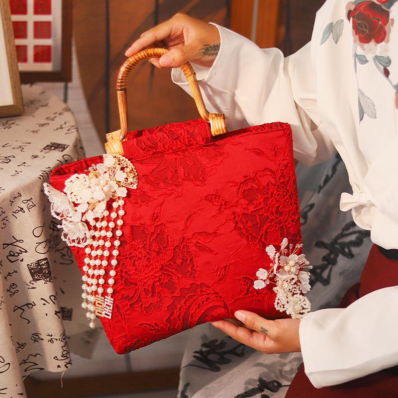 婚包手工新娘红色竹节国风