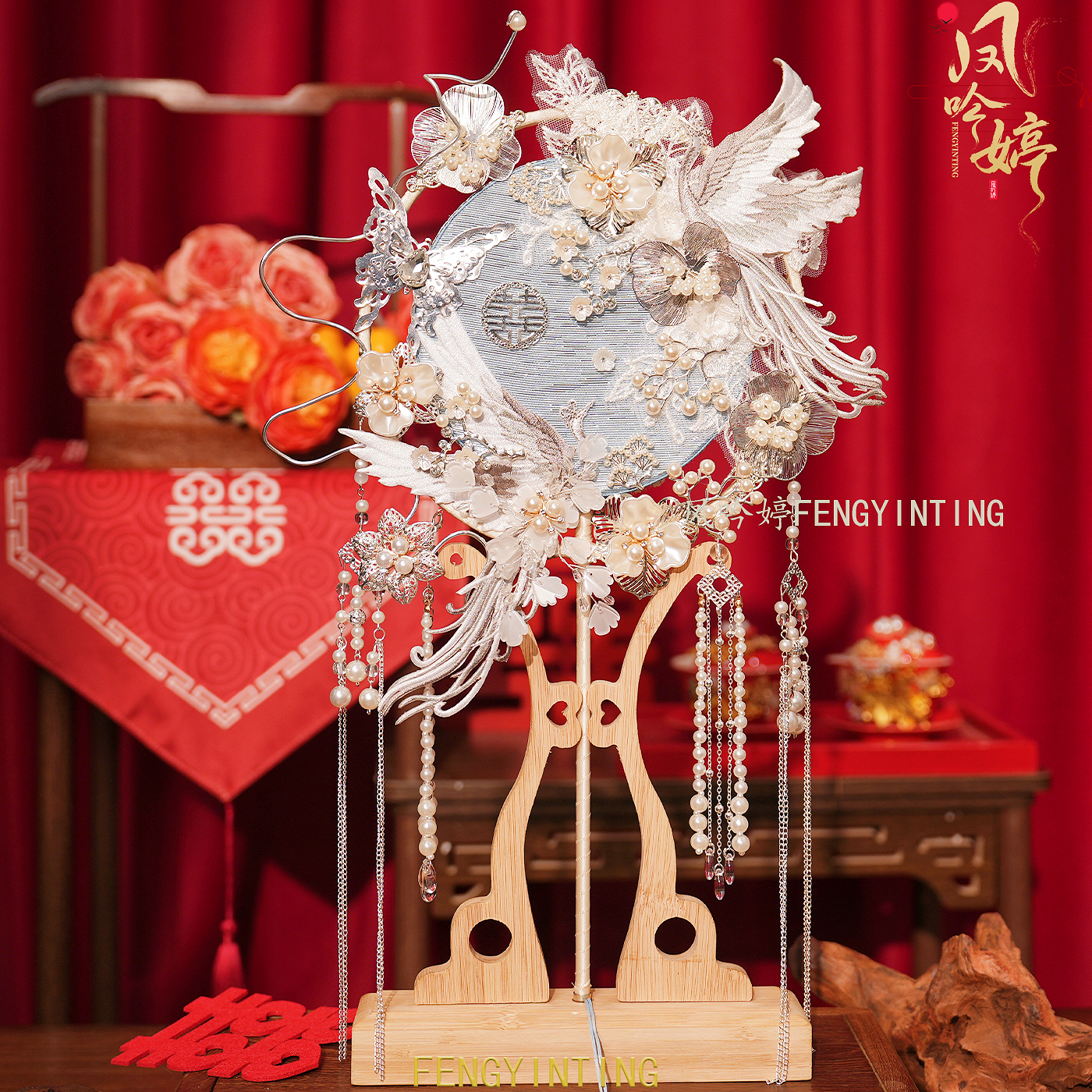 原创中式婚礼新娘蓝色秀禾团扇重工高级喜扇diy材料包婚扇手捧花